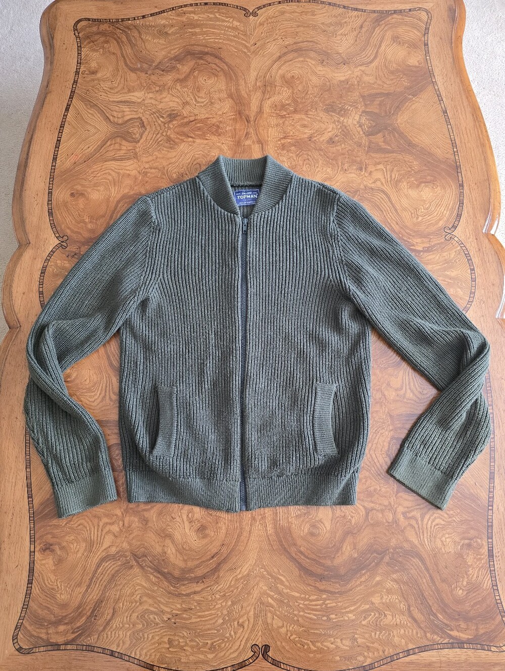 Topman Olive Green Ribbed Knit Full-Zip Cardigan Sweater Mens Size S Bomber Styl
